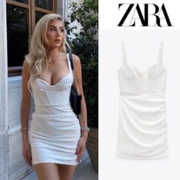 ZARA Draped Corset SweetHeart Elasticized White Mini Dress - Picture 1 of 10